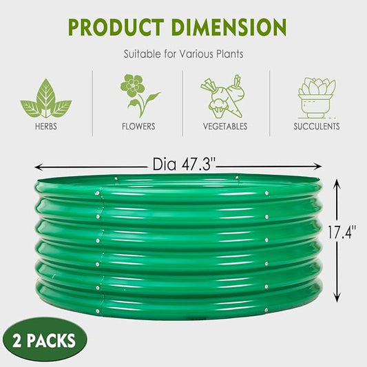 FORTUNO 2 Pcs 17" Tall 4 Ft Round Raised Garden Bed Box Galvanized Metal Outdoor High Flower Bed Steel Patio Ground Planter for Planting Vegetables and Herbs, Green