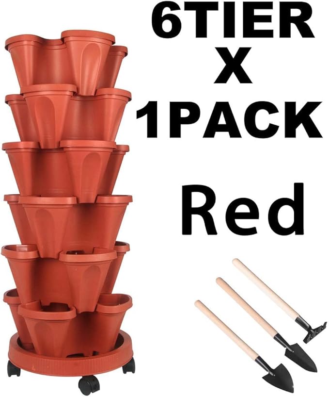 GameXcel Vertical Planter Tower- 6 Tier Stackable Garden Planter with Wheels and Tool Set – Grow Strawberries Herbs Flowers and Vegetables - Indoor Outdoor Use Red