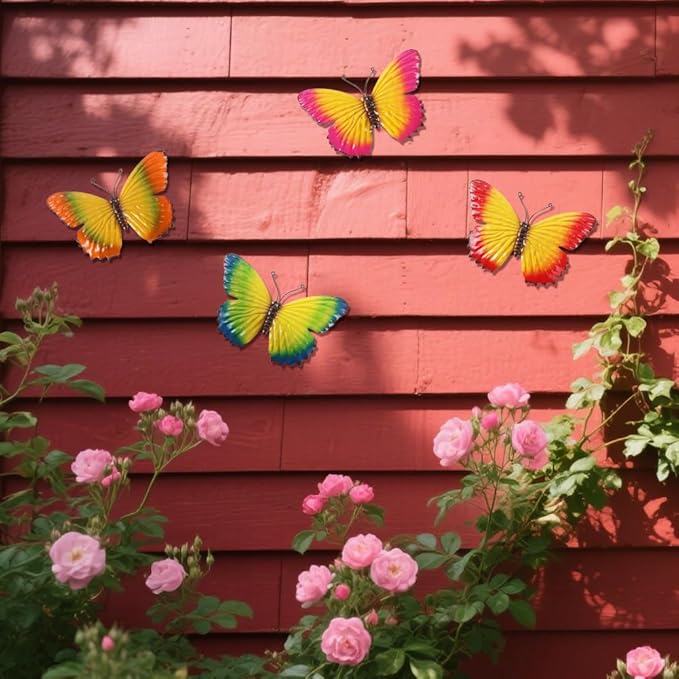 dreamskip 4 Pcs Metal Butterfly Wall Decor Art, Colorful Metal Butterflies Outdoor Wall Art, Hand-Crafted Outdoor Wall Decor For Yard, Garden, Fence, Patio, Living Room, Bedroom Decoration