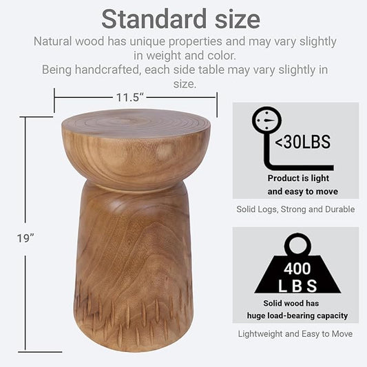 Athaliah 19”H Rustic Tree Stump Side Table – Natural Wooden End Table, Round Wood Accent Stool for Living Room, Patio, Garden, Balcony, or Home Decor(Natural Color)