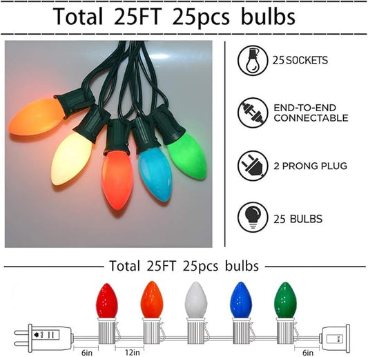 C9 Christmas Lights 25Ft Multicolored Outdoor String Lights with 26 Ceramic Edison Bulbs(1 Spare), C9/ E17 Base, Hanging Vintage Multicolor Lights for Christmas Party Backyard Wedding Decor