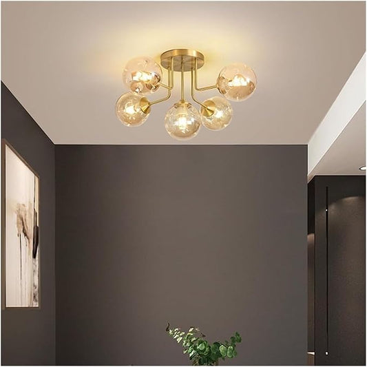 Antique Brass Globe Chandelier 5 Lights Sputnik Ceiling Light with Smoke Grey Amber Glass, Semi Flush Ceiling Fixture. Bubble Ball Kitchen Ceiling Lamp,Soft Light