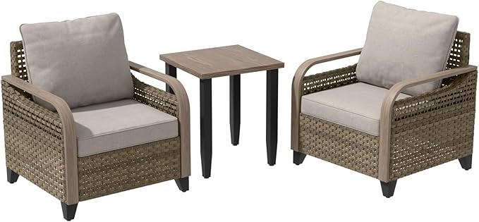Modern Wicker Bistro Table and Chairs Set, Rattan Outdoor Bistro Set for Patio, Wicker Patio Chairs & Table, 3 Pieces, Brown/Gray