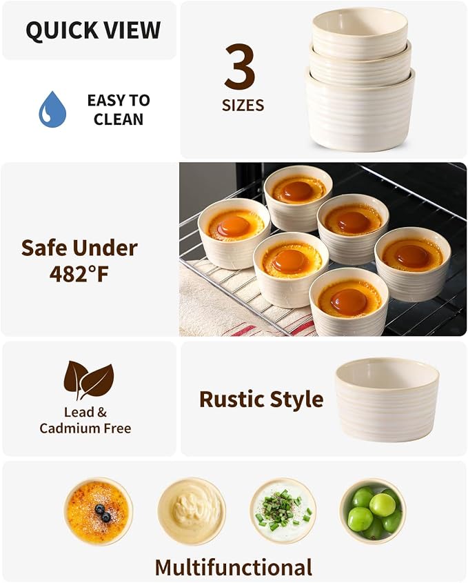 Hasense Ramekins 6 oz, Ceramic Creme Brulee Ramekins Oven Safe, Rustic Souffle Custard Cups for Baking, Dipping, Sauce, Desserts, Ice Cream, Set of 6, Clay-Infused White