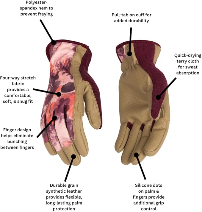 Kinco Garden Glove, 2004W-M, Women’s KincoPro™ Pink Polyester-Spandex Fabric Back, Tan MiraG2™ Grain Synthetic Leather Palm (Medium)