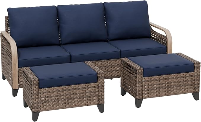 COOS BAY Modern Wicker Outdoor Furniture Set, Patio Conversation Set with 3 Seat Couch, and Ottomans, 3 Piece, Brown/Blue