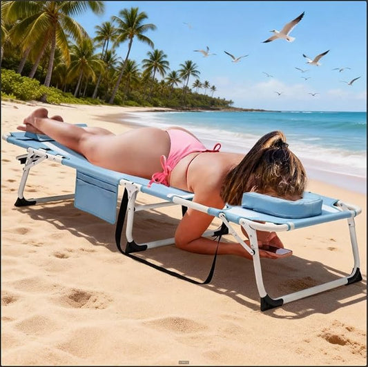 DoCred 3 in 1 Sun Tanning Chair Oversized with Face Arm Hole, Heavy Duty Folding Chaise Lounge Chairs, 5-Position Outdoor Lounge Chair for Beach, Pool, Lawn, Yard, Patio