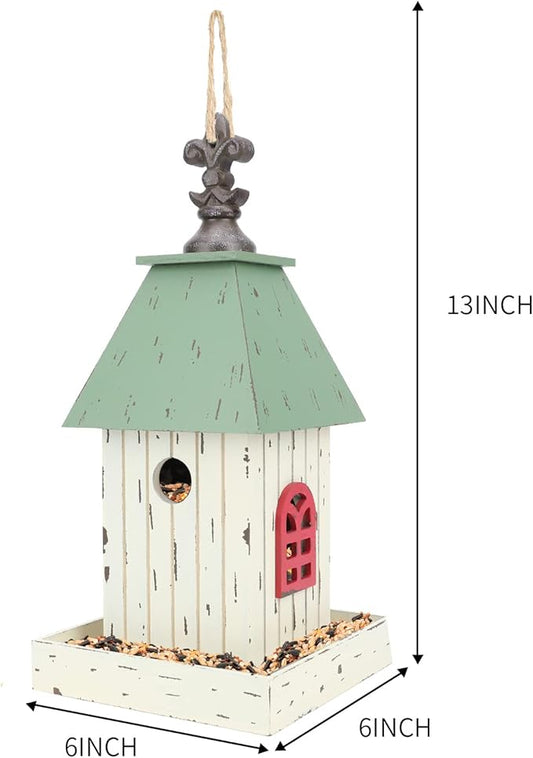Yinns Village Wooden Cottage Bird House Feeder, Hanging Birdfeeder with Landing Trays,Wood Wild Bird House Feeder Garden Decor