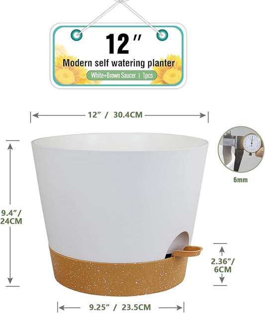12 inch Large Self Watering Pots for Indoor Outdoor Plants, Flower Plant Pots with Drainage Holes for Garden House Plants, Plastic Planters with Reservoir for Home, White with Brown