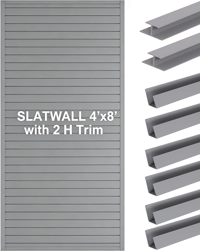 FRAYSCENT Slat Wall Paneling Garage Slat Wall Storage Systems Slatwall Panels Power Tool Organizer Wall Mount, PVC Garage Storage & Organization Products Slate Board (Grey, 8ftx4ft with 2H Trim)