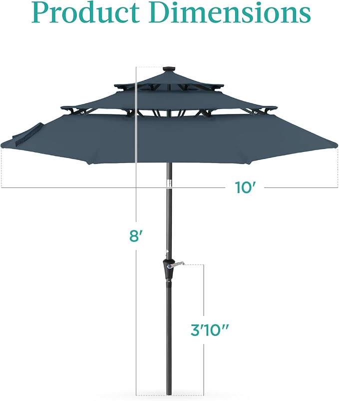 Best Choice Products 10ft 3-Tier Solar Patio Umbrella, Outdoor Market Sun Shade for Backyard, Deck, Poolside w/ 24 LED Lights, Tilt Adjustment, Easy Crank, 8 Ribs - Slate Blue