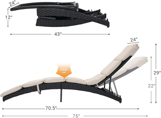 Grand patio Outdoor Lounge Chairs 2 Pieces Patio Wicker Aluminum 4-Position Reclining Folding Chaise Lounge with Cushions for Poolside Beige