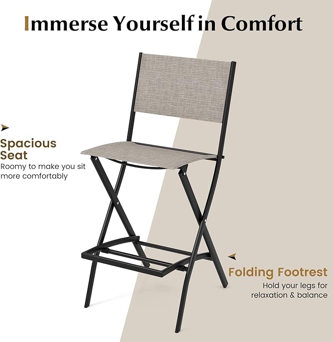 COSTWAY Outdoor Patio Bar Chair Set of 4, Folding Bar Height Stool with Metal Frame & Footrest, Patio Bar Stool for Balcony, Garden & Poolside (4, Coffee)