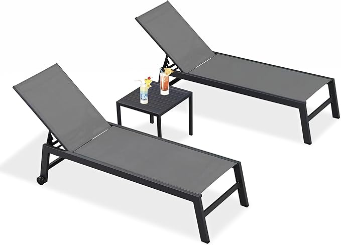 PURPLE LEAF Patio Chaise Lounge Set 4 Pieces Aluminum Outdoor Lounge Chairs with Wheels, Textilene Sunbathing Recliner, Grey