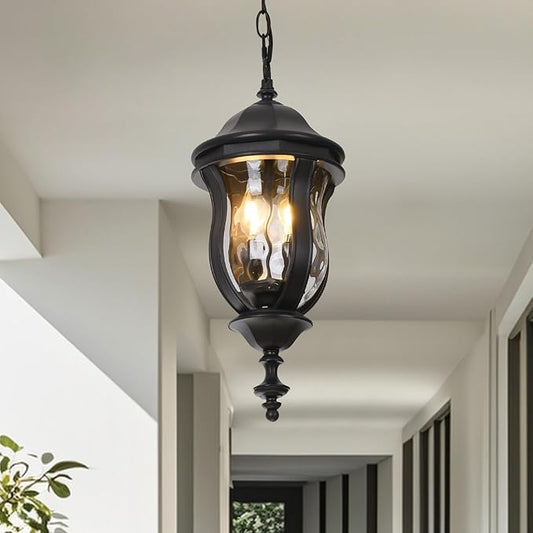 Large Outdoor Pendant Light Fixtures, 19.1'' Exterior Hanging Lantern Porch Light Adjustable, Black Hanging Lamp Farmhouse Exterior Chandelier Ceiling Mount for Entrance Patio