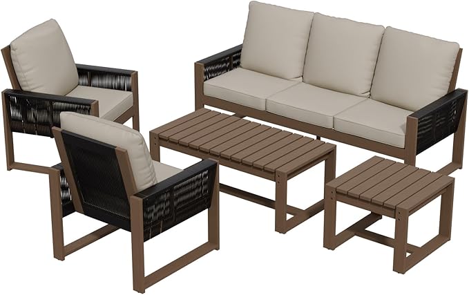 Rustic Hideaway Natural Cedar Wood Outdoor Furniture Set, Wicker Patio Conversation Set for Porch Garden Backyard, Couch, Patio Chairs, Tables, 5 Piece, Brownish/Beige