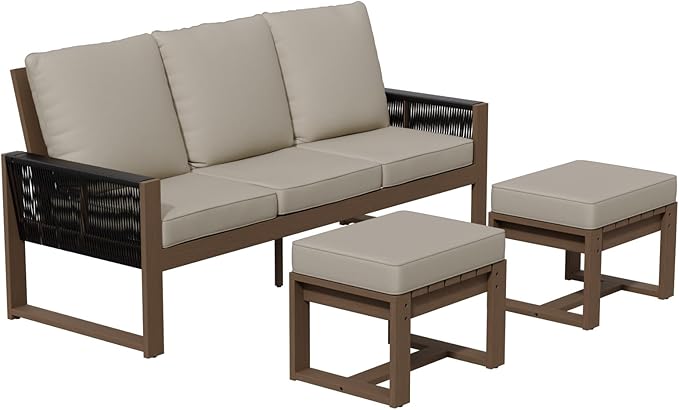 Rustic Hideaway Natural Cedar Wood Outdoor Furniture Set, Wicker Patio Conversation Set for Porch Garden Backyard, Couch and 2 Ottomans, 3 Piece, Brownish/Beige