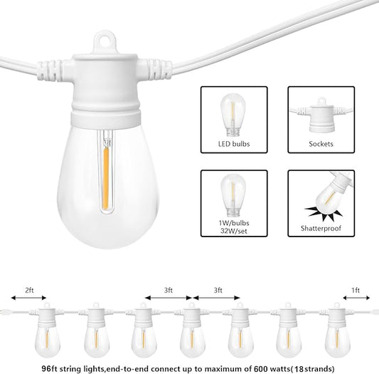SUNTHIN White Outdoor String Lights, 96FT White Patio Lights with 32 Shatterproof LED Bulbs for Garden, Backyard, Porch, Cafe, Deck, Wedding, Party, Gathering