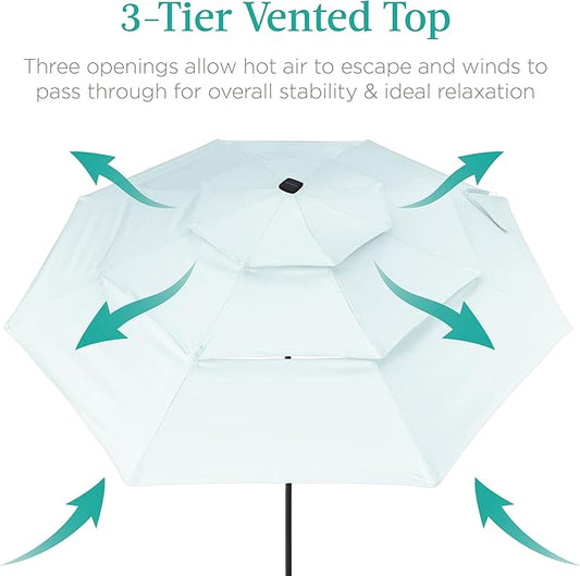 Best Choice Products 10ft 3-Tier Solar Patio Umbrella, Outdoor Market Sun Shade for Backyard, Deck, Poolside w/ 24 LED Lights, Tilt Adjustment, Easy Crank, 8 Ribs - Baby Blue