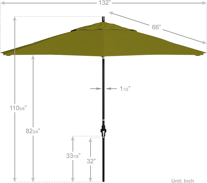 California Umbrella 11Ft Premium Patio Umbrella, Hand-Crank, Tilt-Collar, Bronze Frame, Solution Dyed Kiwi Fabric