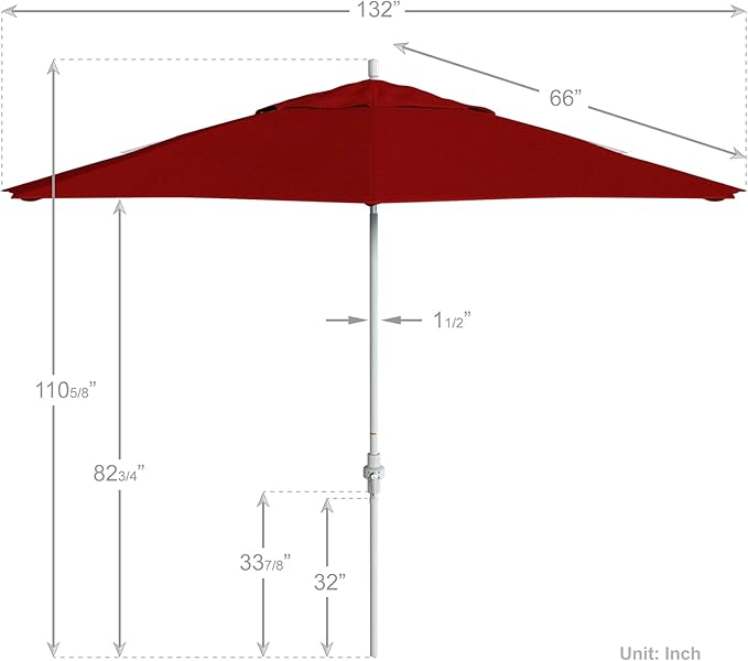 California Umbrella 11Ft Premium Patio Umbrella, Hand-Crank, Tilt-Collar, White Frame, Solution Dyed Red Fabric
