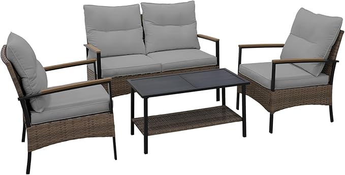 EAGLE PEAK 4 Piece Mojave Dusk Outdoor Conversation Set, Patio Wicker Furniture, Loveseat, 2 Patio Chairs and Coffee Table, Brown/Gray