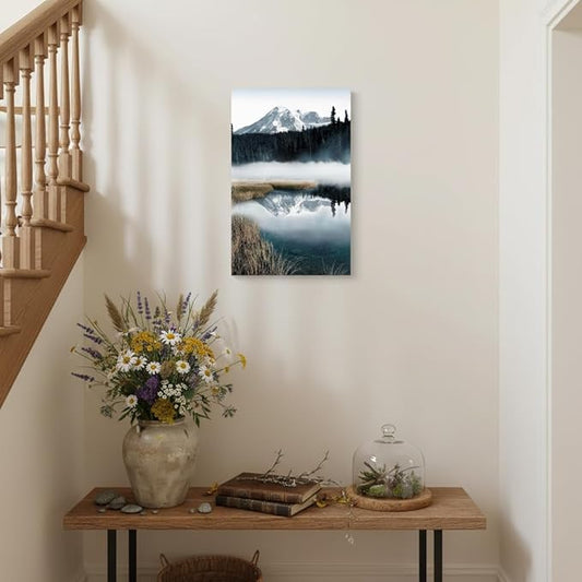 arttitue Nature Canvas Wall Art Bedroom: Lake Landscape Print Decor Misty Forest Scene Picture Mountain Natural Scenery Artwork Painting for Bathroom Home Living Room