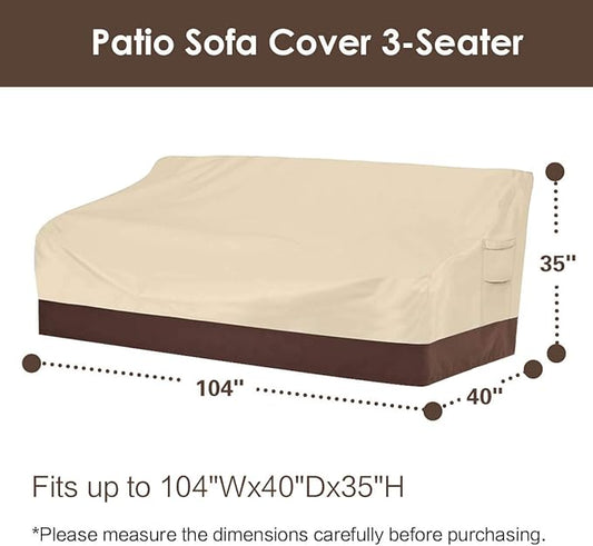 Vailge Heavy Duty Patio Sofa Cover, 100% Waterproof 3-Seater Outdoor Sofa Cover,Lawn Patio Furniture Covers with Air Vent and Handle,Beige&Brown