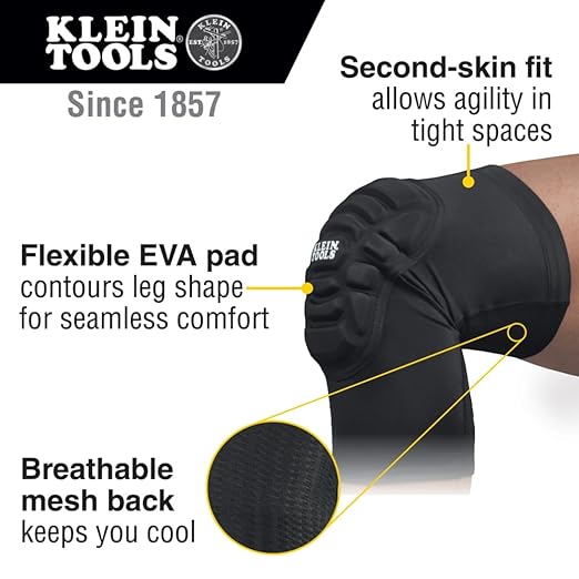 Klein Tools 60592 Knee Pads, Lightweight Padded Knee Sleeves, Breathable Mesh Back, Elastic Cuff with Slip-Resistant Silicone, Black, L/XL