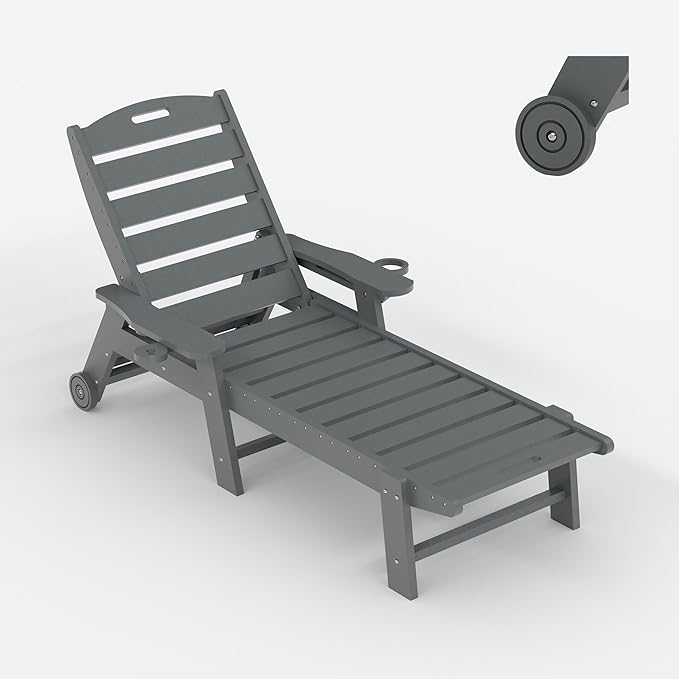 PeakPursuit HDPE Chaise Lounge Outdoor with Rolling Wheels, Oversize 5-Position Patio Lounge Chair with Cup Holder, Resin Pool Lounger Chair