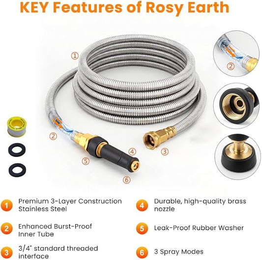 Rosy Earth Metal Garden Hose 125 FT - 304 Stainless Steel Water Hose 125 FT - Expandable Short Flexible Garden Hose,no Kink Explosion, no Bite