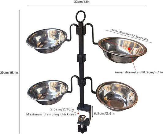 Deck Bird Feeder, 3-Tier Adjustable Railing Clamp-On Feeder with Four Stainless Steel Bowls for Balcony Patio Outdoor Use