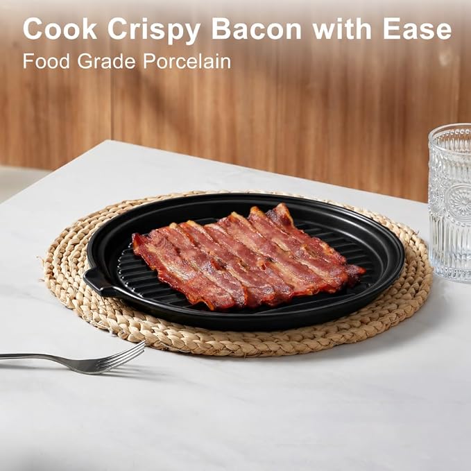 ONEMORE Microwave Bacon Tray Ceramic Bacon Cooker Meat Rack for Oven Cooking Crispy Bacon Maker - 11 inch Round Bacon Dish Plate, Black