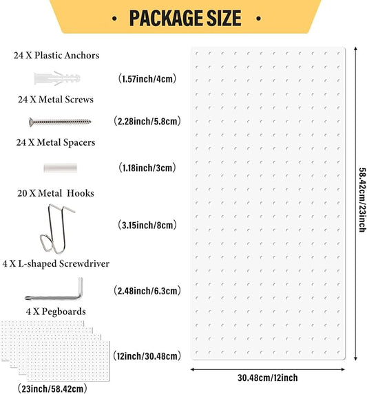 DEWEL Peg Board, 23" x 12" Metal Pegboard Panels, 4 Pack Metal PegBoard Organizer with Accessories, Wall Organizer Peg Board for Garage and Garden Tool Storage, Includes Installation kit(4pcs white)