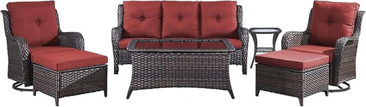 Wicker Patio Furniture-7 Pieces Rattan Patio Furniture Set Outdoor Patio Couch with Swivel Patio Chairs Ottomans and Coffee Table for Deck Poolside Backyard-Brown/Red