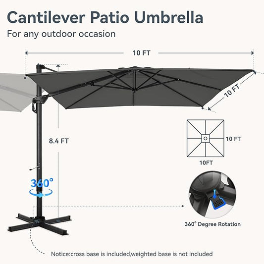 GREEN PARTY 10x10 ft Cantilever Patio Umbrella, Rectangle Offset Outdoor Umbrellas with 360° Rotation, 5-Year-Non-Fading Hanging Pool Umbrella for Garden Deck Poolside - Grey