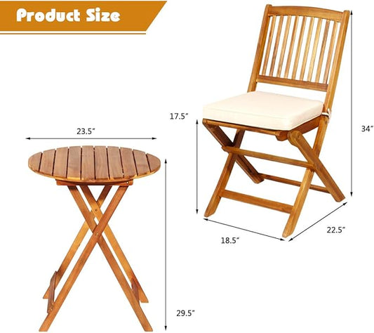 Giantex 3Pcs Patio Bistro Set, Wood Folding Table Set, 2 Cushioned Chairs for Garden Yard, Outdoor Furniture Round Table (Natural & Beige)