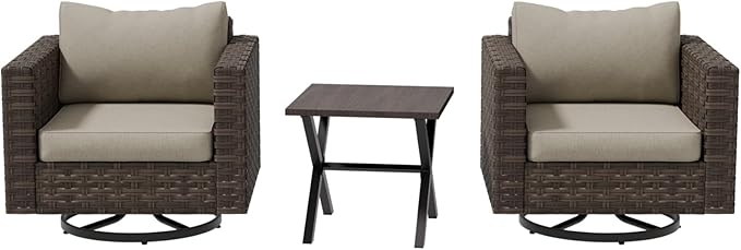 COOS BAY Lanai Chic 3 Piece Outdoor Bistro Set, Small Patio Conversation Set, Outdoor Patio Furniture, 2 Swivel Rockers and Side Table, Brown/Beige