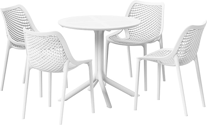 Costaelm Dining Table for 4 with Chair, HDPE Patio Round Dining Table and Stackable Chair, Outdoor Patio Furniture All Weather for Backyard Porch Poolside, White