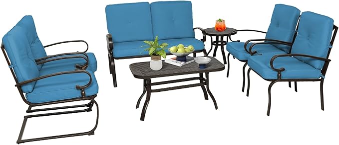 7-Piece Outdoor Metal Furniture Sets Patio Conversation Set, Wrought Iron Loveseat, 2 Dining Chairs, 2 Spring Chairs and Coffee Table, Peacock Blue