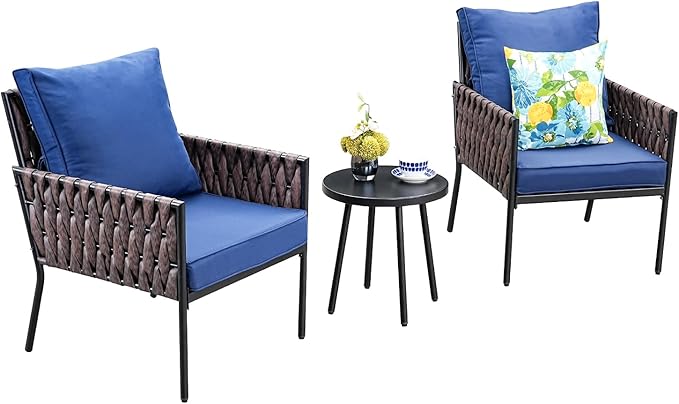 Patio Furniture Set, 3-Piece Wider Outdoor Metal Seating Sofa with High Back, Coffee Ta ble, All Weather Rattan Conversation for Garden,Backyard, Poolside-Navy