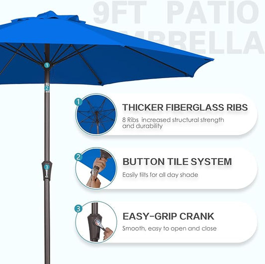 PatioKingdom 9FT Patio Outdoor Umbrella-UPF 50+ Sun Shade with Wind Vent, Push-Button Tilt & Smooth Crank Lift, Rust-Resistant Fiberglass Frame for Garden, Backyard,Yard (Royal Blue, 9FT)