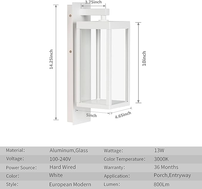 Outdoor Wall Sconce Light Exterior IP54 Waterproof LED Wall Light Fixture White Porch Light Outdoor Wall Mount Lamp Lantern Anti-Rust Aluminum for Patio Garage13W 750Lm 3000K