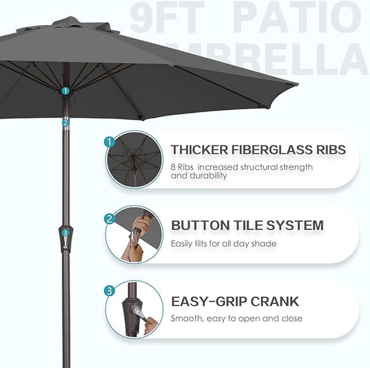 PatioKingdom 9FT Patio Outdoor Umbrella-UPF 50+ Sun Shade with Wind Vent, Push-Button Tilt & Smooth Crank Lift, Rust-Resistant Fiberglass Frame for Garden, Backyard,Yard (Gray, 9FT)