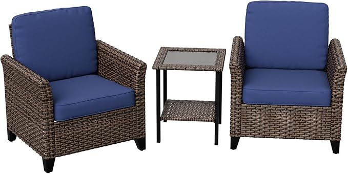 Canyon Ridge 3 Piece Outdoor Patio Bistro Set with Patio Chairs and Side Table, Outdoor Furniture Set, Brown/Blue