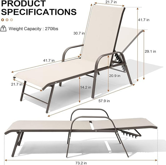 Crestlive Products Chaise Lounge Chair Outdoor with Armrests, Pool Lounge Chairs Set of 4, Aluminum Adjustable 5 Positions Sun Tanning Lounger for Patio, Poolside, Yard, Deck, Backyard (Champagne)