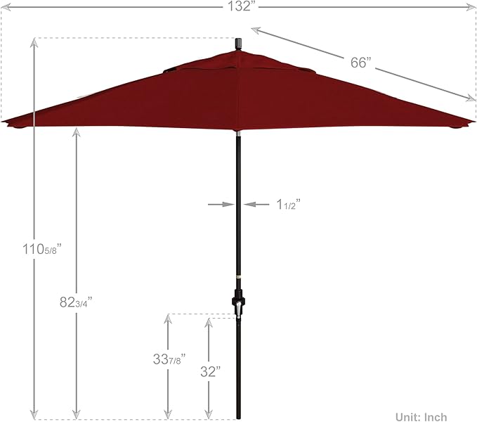 California Umbrella 11Ft Premium Patio Umbrella, Hand-Crank, Tilt-Collar, Bronze Frame, Solution Dyed Red Fabric