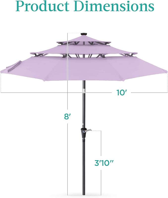 Best Choice Products 10ft 3-Tier Solar Patio Umbrella, Outdoor Market Sun Shade for Backyard, Deck, Poolside w/ 24 LED Lights, Tilt Adjustment, Easy Crank, 8 Ribs - Lavender