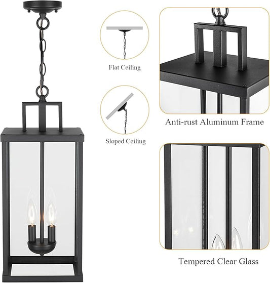 21'' Outdoor Pendant Lantern, 2-Light Modern Black Exterior Chandelier with Clear Glass, Hanging Porch Light for Patio, Yard, Foyer