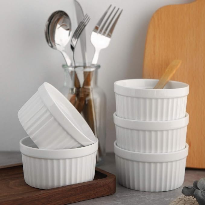 Samsle 6 oz Ramekins Set of 6, Porcelain Ramekins Dishes for Creme Brulee,Souffle, Lava Cakes, Pudding, Custard Cups for Baking and Dipping,Oven Safe, White 3.7 inch